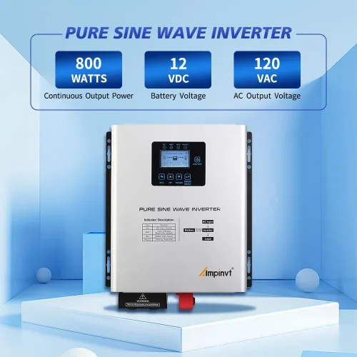 Miniatura 3 de AMPINVT: Inversor de onda sinusoidal pura de 800W con cargador AC, salida DC 12V a AC 120V, inversor de baja frecuencia de alimentación de respaldo