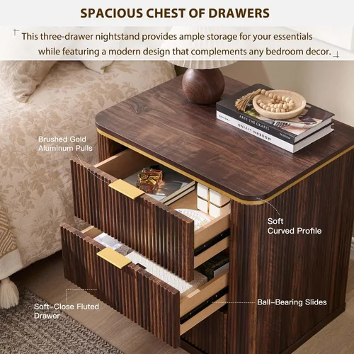 Miniatura 4 de T4TREAM Juego de 2 mesitas de noche grandes de 24" de estilo mitad de siglo moderno con 3 cajones acanalados, mesa auxiliar, mesita de noche