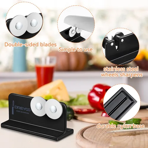 Miniatura 5 de Dreyoo Afilador de cuchillos de borde puntiagudo, ruedas de acero inoxidable de doble cara, afilador de cuchillos de cabeza ancha para cuchillos