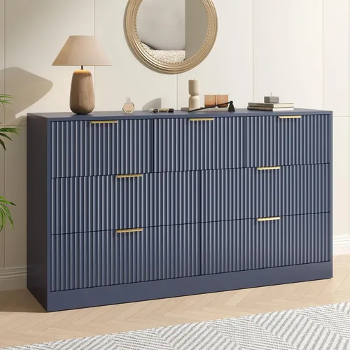Miniatura 15 de Cómoda negra con 7 cajones, cómoda acanalada de 55 pulgadas de ancho para dormitorio con mango de metal, cómoda, soporte de TV de madera para Negro
