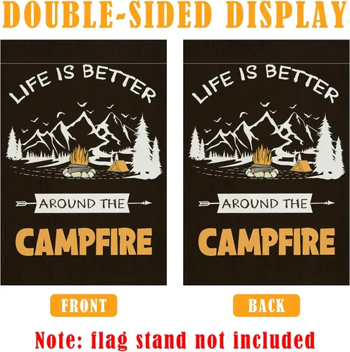 Miniatura 3 de Bandera de jardín para campamento con luces LED, 12 x 18 pulgadas, arpillera vertical de doble cara para campamento, hoguera, banderas de jardín
