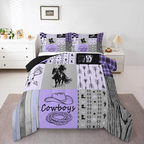 Miniatura 27 de Juego de edredón de vaquero, tamaño King, juego de ropa de cama de herradura con estrellas del oeste de Texas para adultos, hombres y niños, ropa