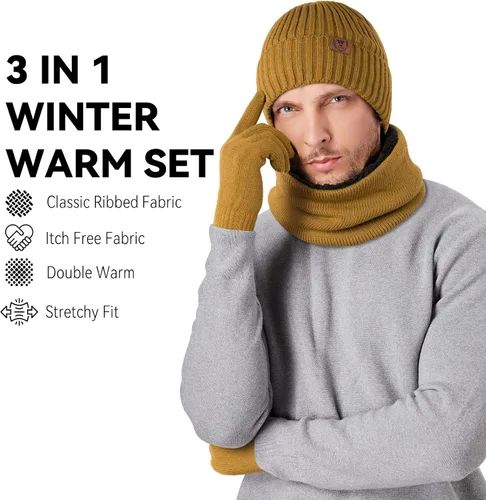 Miniatura 3 de OZERO Juego de 3 piezas de gorro de invierno y bufanda para mujeres y hombres: guantes para pantalla táctil, gorro de punto, calentador de cuello