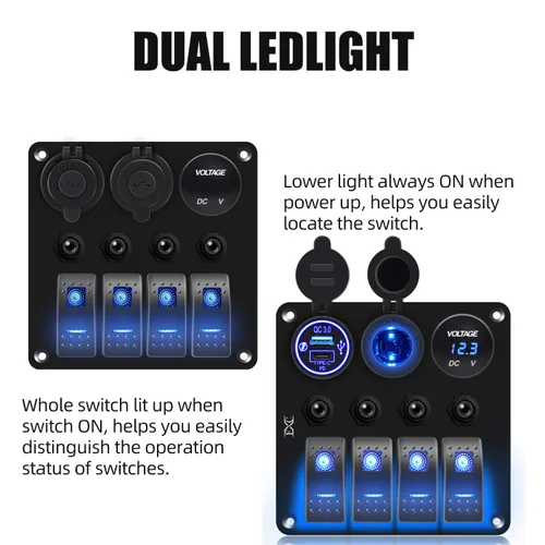 Miniatura 3 de FXC Panel de interruptor basculante azul de barco marino impermeable de 4 vías con enchufe USB QC3.0 y ranura tipo C + encendedor de cigarrillos +
