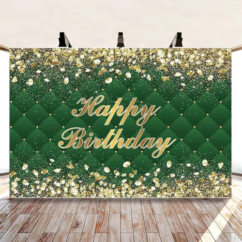 Miniatura 3 de Renaiss Cartel de fondo de feliz cumpleaños de 8 x 6 pies para sesión de fotos, retrato de diamantes dorados, fondo verde de fotografía para hombres
