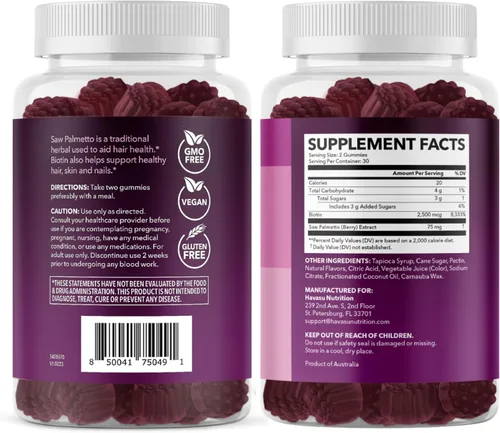 Miniatura 10 de Saw Palmetto para mujeres con 2500 mcg de biotina - Bloqueador de DHT y cabello, piel, gomitas de salud de uñas - 60 unidades - Soporta cerraduras