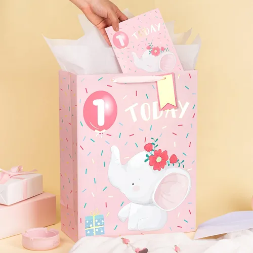 Miniatura 6 de WRAPAHOLIC Bolsa de regalo extra grande de 16.5 pulgadas con tarjeta y papel de seda, adorable diseño de elefante para bebé, baby shower, fiesta