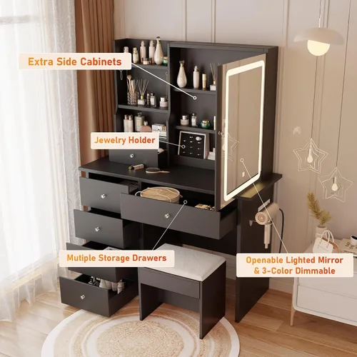 Miniatura 2 de DYHOME Escritorio de maquillaje con espejo de luces LED, 3 modos ajustables y tomas de corriente, mesa de tocador con 6 cajones y banco, escritorio