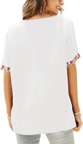 Miniatura 5 de AK Women's V Neck Casual Summer Blouse, Boho Embroidered Mexican Peasant Tops Short Sleeve Shirts Casual Blouse Loose Tunics