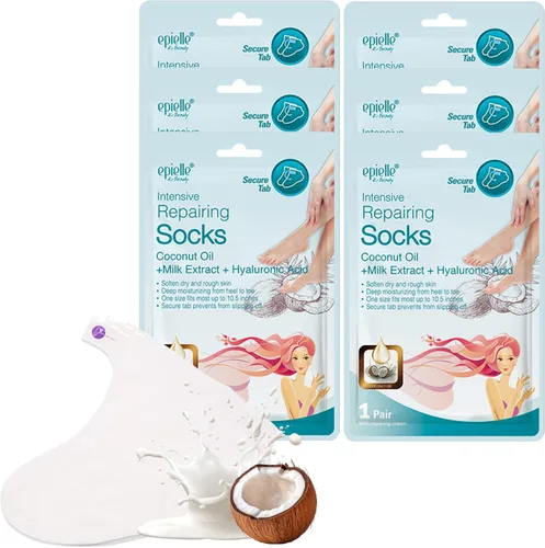 Epielle Mascarilla reparadora intensiva para pies, 6 pares, suaviza con aceite de coco y extracto de leche, calcetines hidratantes profundos para