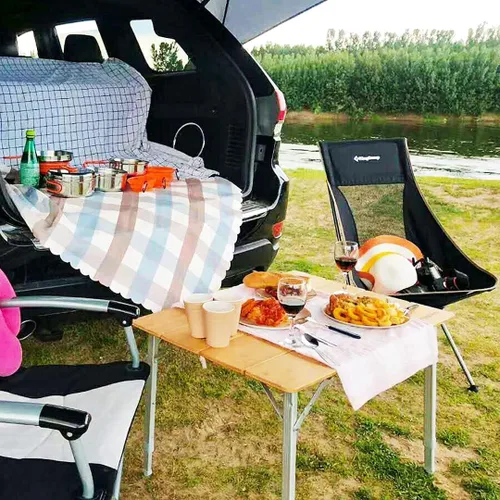 Miniatura 2 de KingCamp Mesa de Bambú Plegable Mesa de Camping Ecológica con Patas de Aluminio de Altura Ajustable Resistente 4 Pliegues Mesas de Campamento
