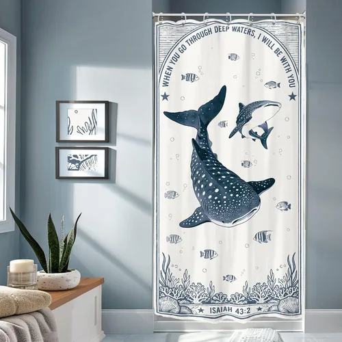 Miniatura 15 de Riyidecor Ocean - Cortina de ducha para niños, 60 pulgadas de ancho x 72 pulgadas de alto, diseño de ballena, dibujos animados, animales, delfín