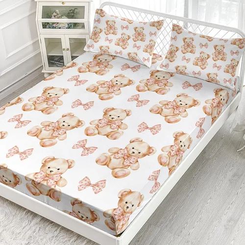 Miniatura 2 de AILONEN Lovely Bear - Juego de sábanas bajeras tamaño Queen, juego de ropa de cama con pajarita de dibujos animados para niños y niñas, sábana