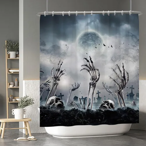 Miniatura 17 de Cortina de ducha de fantasma y gato negro para niños, 36 x 72 pulgadas, espeluznante y bonita, cortina de baño de Halloween con 6 ganchos, cortina