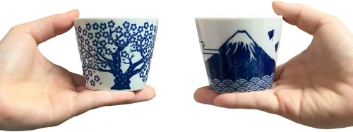 Miniatura 8 de Juego de 2 tazas de sake japonesas - Sakura y Monte Fuji Design, cerámica de color índigo, 3.9 onzas líquidas, para bebidas frías y calientes, taza