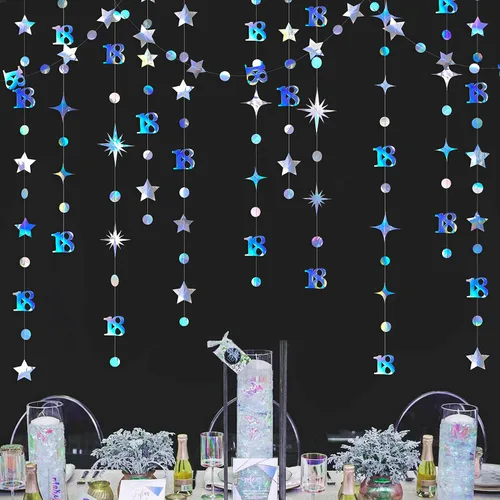 Miniatura 11 de Decoración de cumpleaños número 18 en negro, número 18 con punto circular, guirnalda de estrellas centelleantes, banderines de serpentina metálica