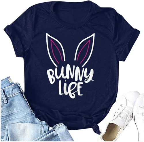 Miniatura 5 de Blusa de manga corta para mujer, cuello redondo, temperamento, para verano, ajustada, con estampado de Pascua