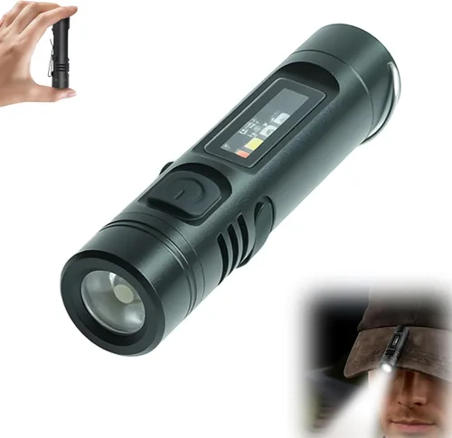 Linterna EDC recargable de bolsillo con 500 lúmenes, 9 modos de iluminación, base magnética con clip para sombrero, cuerpo de aleación de aluminio,
