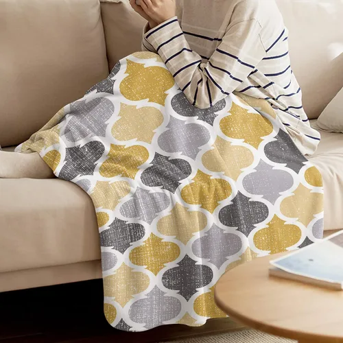 Miniatura 3 de Manta marroquí geométrica súper suave y acogedora de franela de forro polar, diseño retro amarillo gris, patrón marroquí abstracto, manta ligera