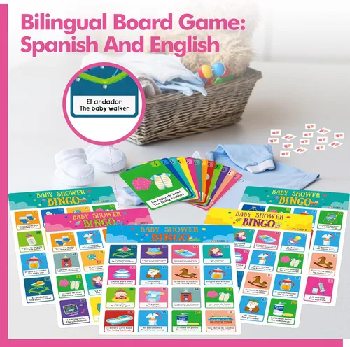 Miniatura 6 de Gethelud Juego de bingo para baby shower, 25 tarjetas de bingo bilingües en español e inglés para fiesta de revelación de género, baby shower