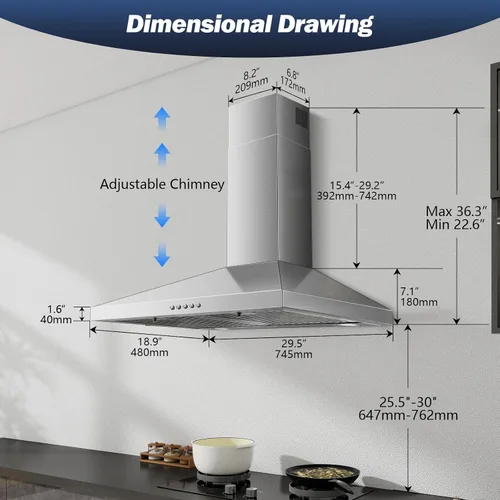 Miniatura 4 de SNDOAS Campana extractora de 30 pulgadas, campana extractora de acero inoxidable para montaje en pared de 30 pulgadas, ventilación de estufa