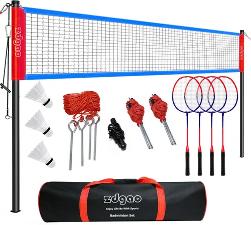 Miniatura 9 de Zdgao Juegos de bádminton para patio trasero, red de bádminton portátil con ajustador de tensión, juego de 4 raquetas de bádminton, 3 volantes