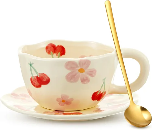 Vesici 1 juego de tazas de café de cerámica con platillo y cuchara, bonitos regalos para el día de la madre para mamá, 8.5 onzas, taza de té floral