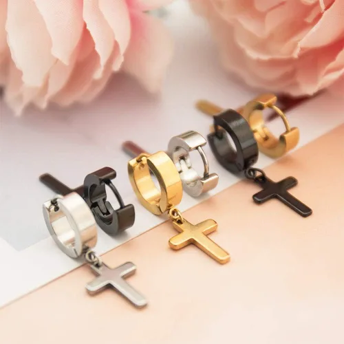 Miniatura 3 de NEWITIN 9 Pairs Stainless Steel Stud Earrings for Men Punk Earrings Unisex Cross Earrings Hypoallergenic Mens Earrings Hinged Cross Dangle Earrings
