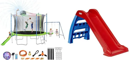 Lyromix Trampolín de 12 pies de 14 pies con tobogán y columpios, cama elástica recreativa grande aprobada por ASTM con aro de baloncesto y escalera,