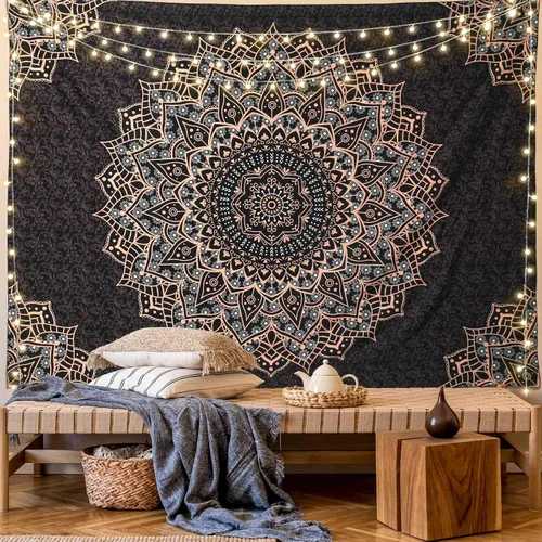 Miniatura 2 de Tapiz de mandala negro para colgar en la pared, tapiz psicodélico de pared, estético, indio, hippie, decoración bohemia para el hogar, dormitorio