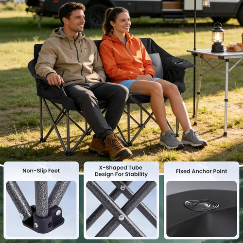 Miniatura 8 de Silla plegable doble de camping para 2 personas, resistente y de gran tamaño, soporta 800 libras con portavasos y bolsillo lateral para campamento