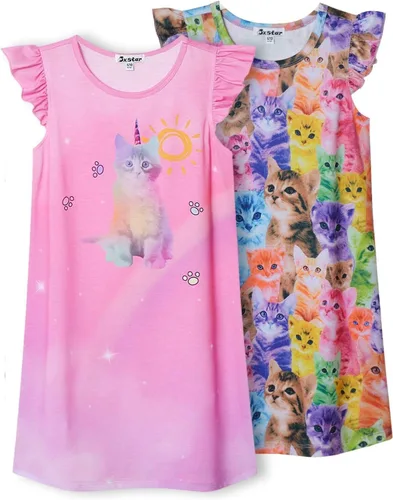 Jxstar Paquete de 2 camisones para niñas, pijamas de manga con vuelo, vestidos de noche de algodón