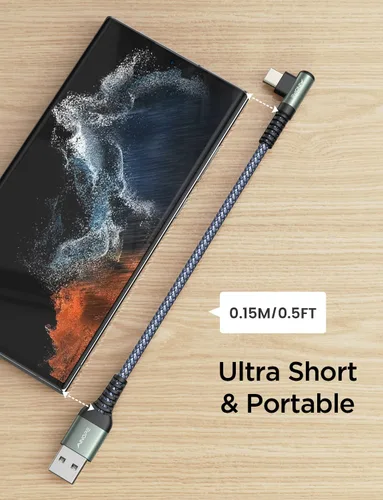 Miniatura 6 de AINOPE Cable USB C [2 unidades, 0.5 pies] 3.1A tipo C cargador de carga rápida en ángulo recto, cable de carga USB C trenzado de nailon duradero Gris