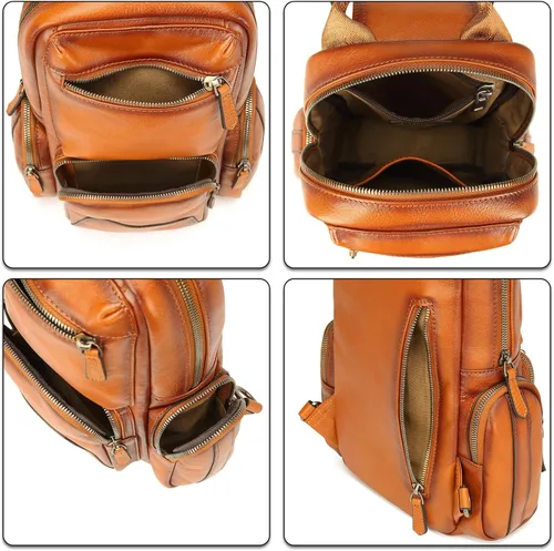 Miniatura 5 de Lieseh Bolso bandolera de cuero genuino para hombre, bandolera para hombro, pecho, mochila de viaje al aire libre
