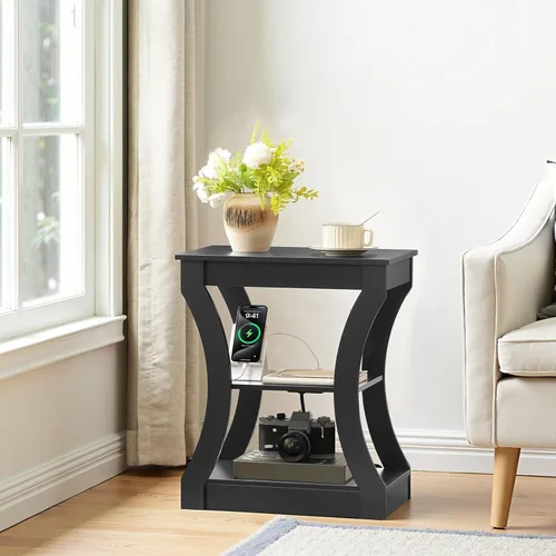 MAHANCRIS - Mesa auxiliar negra con estación de carga, mesa auxiliar delgada con puertos USB y tomas, mesita de noche, mesita de noche de 3 niveles