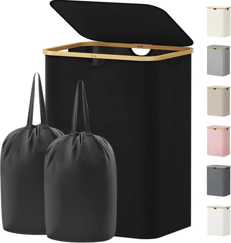 Miniatura 24 de Lifewit Cesta de ropa de 120L con tapa, cestas de ropa para lavandería con asas de bambú y una bolsa de lavandería extraíble, cesta plegable grande