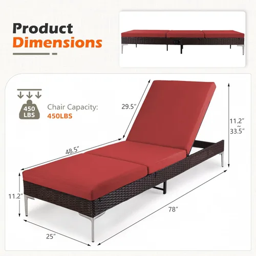 Miniatura 3 de HOMREST Tumbona para exteriores, silla de mimbre para patio con respaldo neumático ajustable, silla de ratán para piscina para tomar el sol adecuada