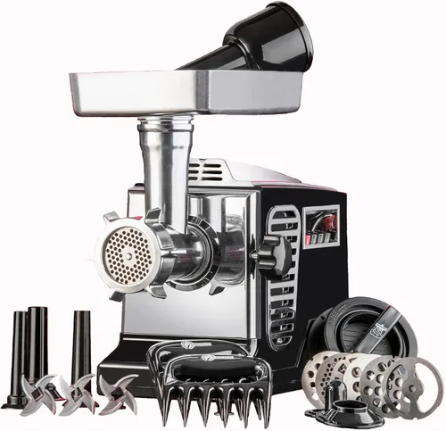 STX TurboForce II "Platinum" Moledora de carne eléctrica y máquina para hacer salchichas de servicio pesado: 6 placas de molienda, 3 cuchillas de