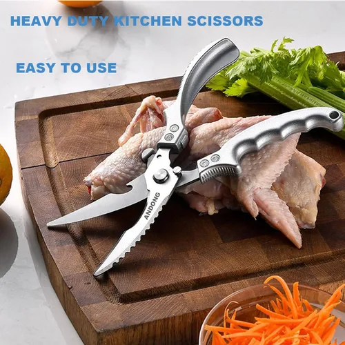 Miniatura 7 de ANDONG Tijeras de cocina resistentes profesionales para aves de corral - Tijeras de cocina y carne de acero inoxidable con funda de cuero, tijeras
