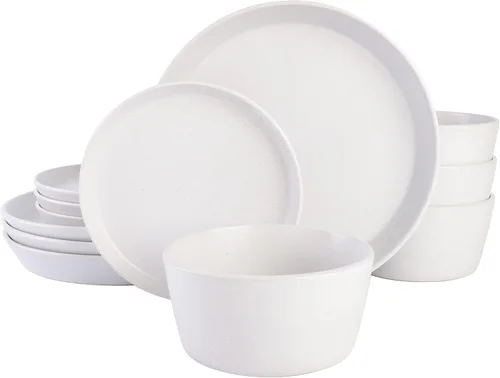 Gibson Soho Lounge Sofia Coupe - Juego de vajilla de cerámica, servicio para 4 personas (12 unidades), color blanco con motas