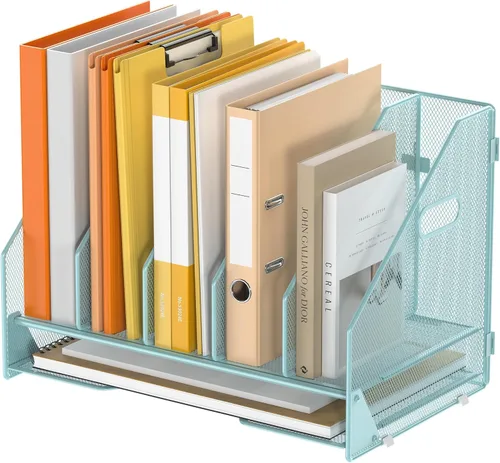 Miniatura 15 de Organizador de Carpetas de Archivos de Escritorio - 5 Compartimentos Verticales con Estantes y Bandeja para Cartas de Papel, Clasificador de Negro
