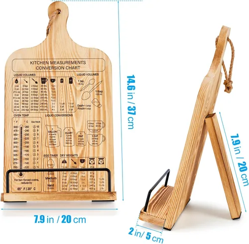 Miniatura 2 de Housejoy Soporte de madera para libros de cocina con 2 delantales, soporte ajustable para encimera de cocina, soporte de madera resistente con tabla