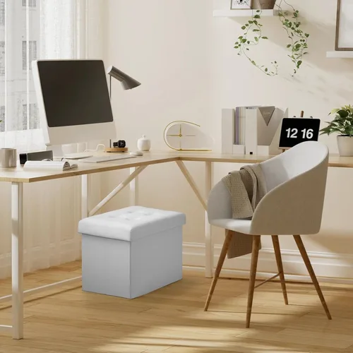 Miniatura 6 de Bsketa - Otomana de almacenamiento plegable, taburete con asiento acolchado de espuma más gruesa, pequeña otomana de cuero con almacenamiento, Blanco