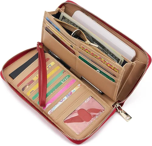 Miniatura 2 de WOZEAH - Cartera de piel sintética con cremallera y bloqueo RFID para mujer, ideal para viajar