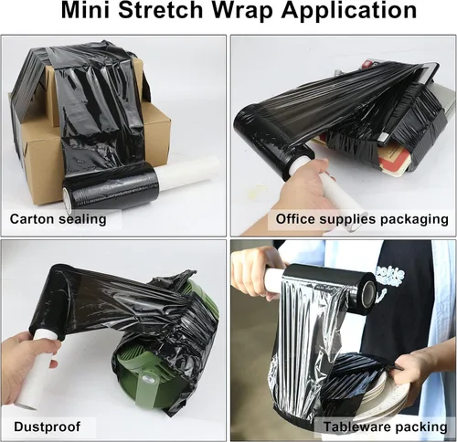 Miniatura 5 de BOMEI PACK 1 rollo industrial negro mini elástico con asa de 5 pulgadas x 1000 pies, calibre 80, resistente y duradero, autoadherente para embalaje