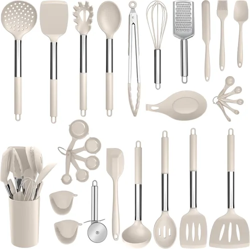 Miniatura 12 de E-far - Juego de utensilios de cocina de silicona, juego de 30 utensilios de cocina con soporte, espátulas de cocina resistentes al calor, cucharón