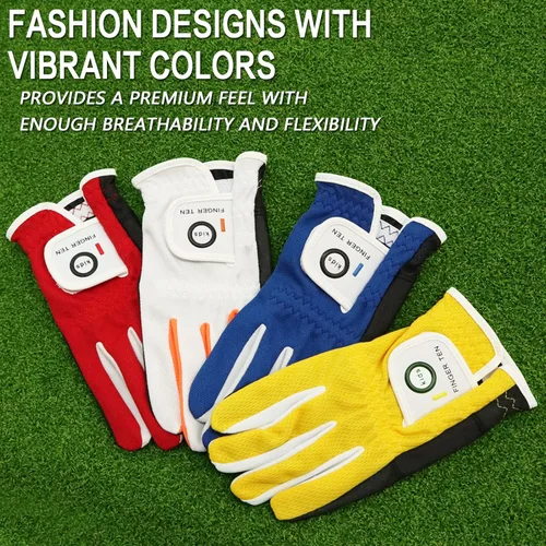 Miniatura 5 de FINGER TEN Guantes de golf para niños y niñas, mano izquierda y derecha, Dura Feel blanco, azul, rojo, amarillo, guantes de golf de valor extra