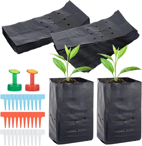 100 bolsas de cultivo para vivero, bolsas de inicio de plántulas con 30 etiquetas de plantas y 2 mini aspersores de riego, bolsas de cultivo de