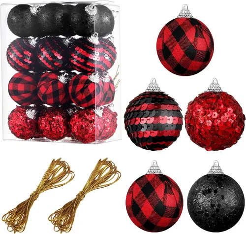 24 bolas de Navidad para árbol, adornos de Navidad rojos y negros de 1.2 in/1.18 pulgadas, bolas de lentejuelas con purpurina, decoración de árbol