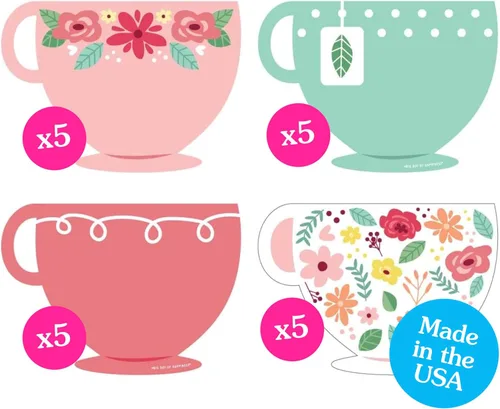 Big Dot of Happiness Floral Let's Par-Tea - Decoraciones para tazas de té, artículos esenciales para fiestas de té en jardín, juego de 20